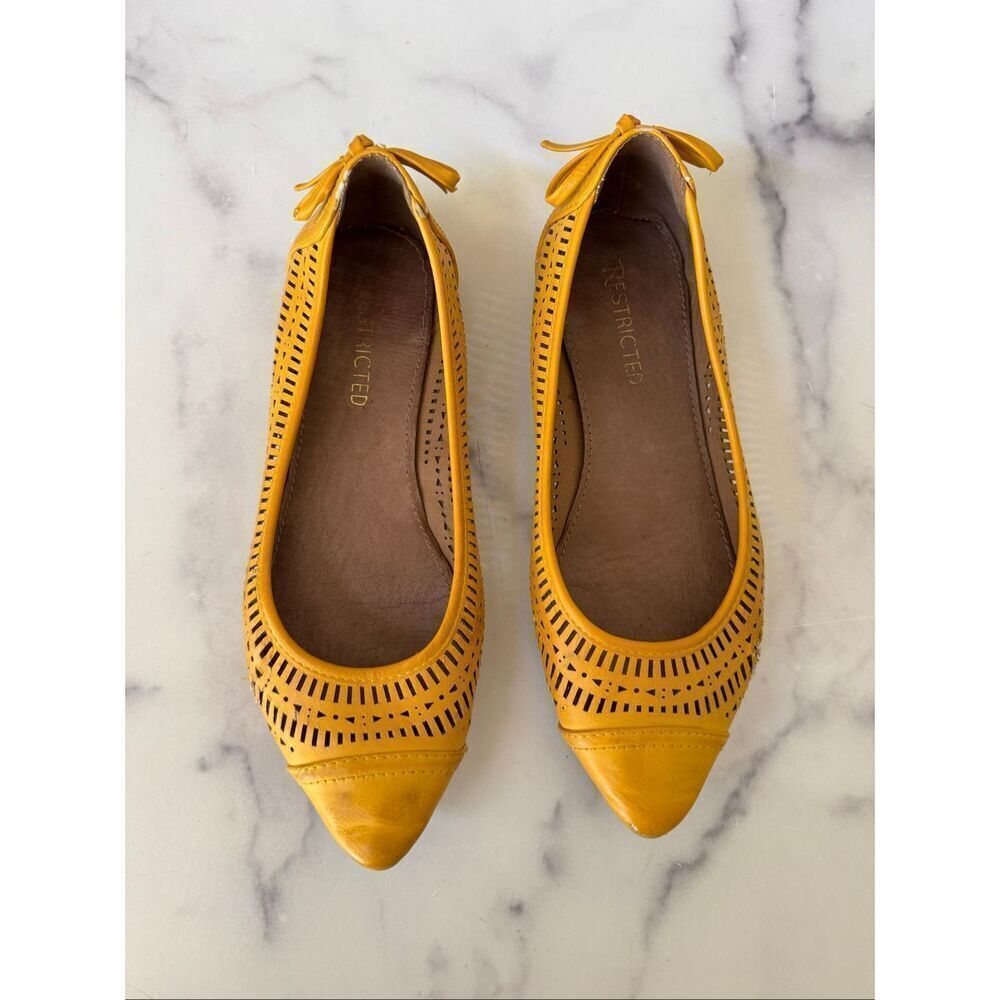 Restricted women's size 8.5 mustard yellow pointed toe lattice laser cut slip-on